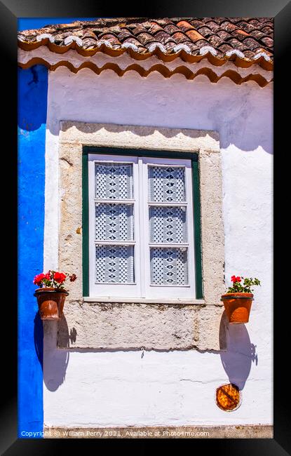 White Blue Wall Flowers Street 11th Century Mediieval City Obido Framed Print by William Perry