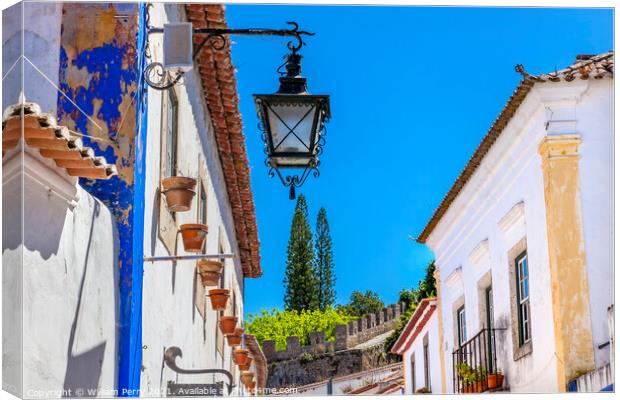 Narrow White Street 11th Century Castle Wall  Lamp Obidos Portug Canvas Print by William Perry