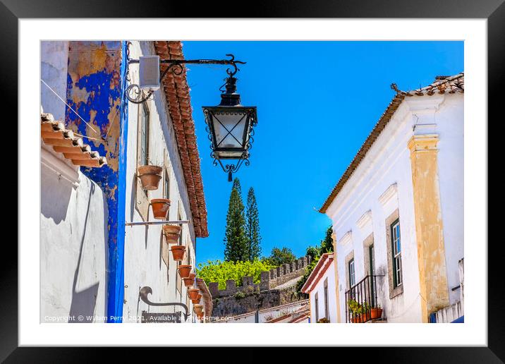 Narrow White Street 11th Century Castle Wall  Lamp Obidos Portug Framed Mounted Print by William Perry