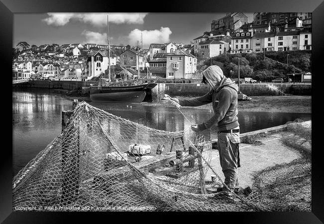 Mending Nets at Brixham Harbour Monochrome Framed Print by Paul F Prestidge