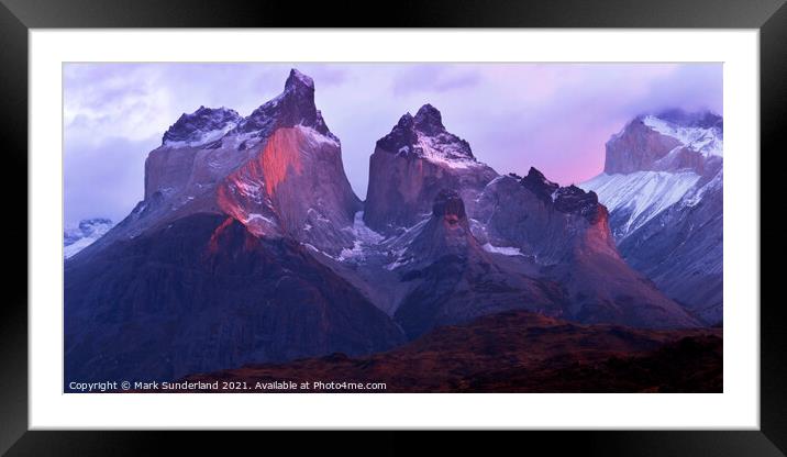 Cuernos del Paine at Sunrise Framed Mounted Print by Mark Sunderland