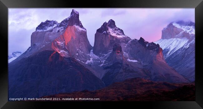 Cuernos del Paine at Sunrise Framed Print by Mark Sunderland