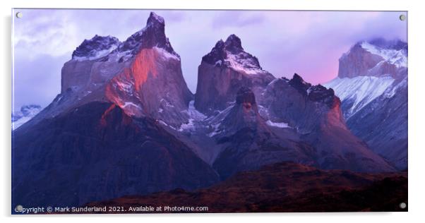 Cuernos del Paine at Sunrise Acrylic by Mark Sunderland