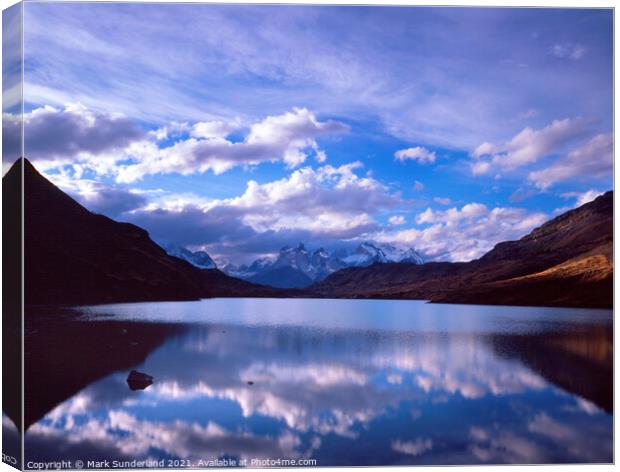 Clouds Reflections in the Rio Paine Canvas Print by Mark Sunderland