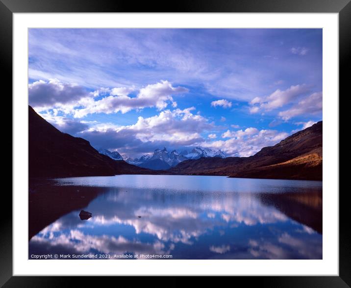 Clouds Reflections in the Rio Paine Framed Mounted Print by Mark Sunderland