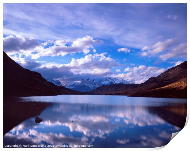 Clouds Reflections in the Rio Paine Print by Mark Sunderland