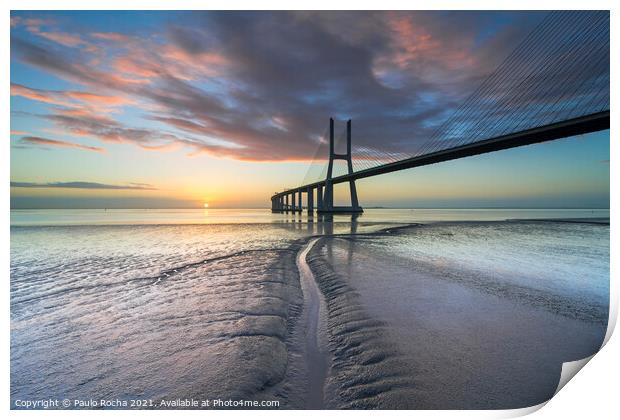 Vasco da Gama bridge, Lisbon, at sunrise Print by Paulo Rocha