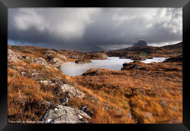   Suilven and Canisp in a Storm, Assynt. Framed Print by Barbara Jones