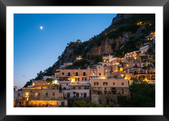 Positano Houses in the Evening Illuminated Framed Mounted Print by Dietmar Rauscher