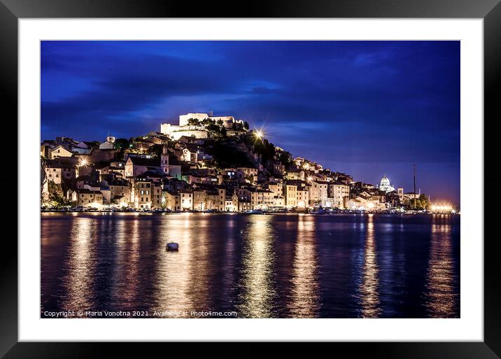 Illuminated Croatian city Sibenik at night Framed Mounted Print by Maria Vonotna