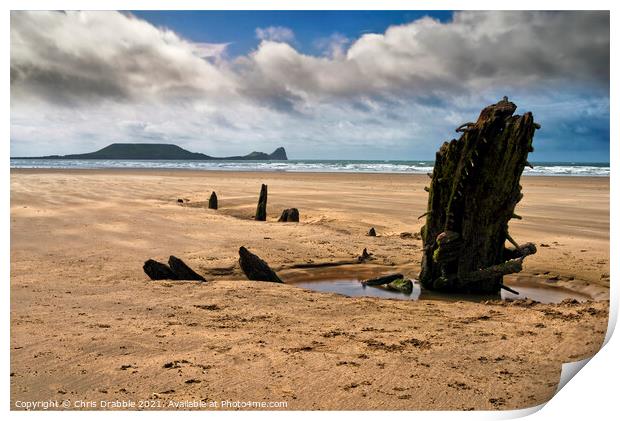 The wreck of the Helvetia and Worm's Head Print by Chris Drabble