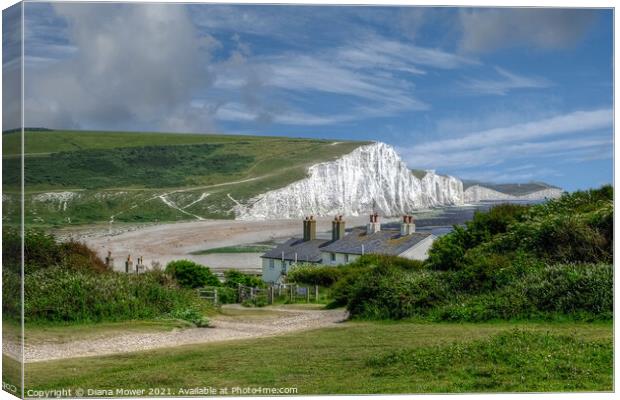 Seven Sisters and Cuckmere Haven beach. Canvas Print by Diana Mower