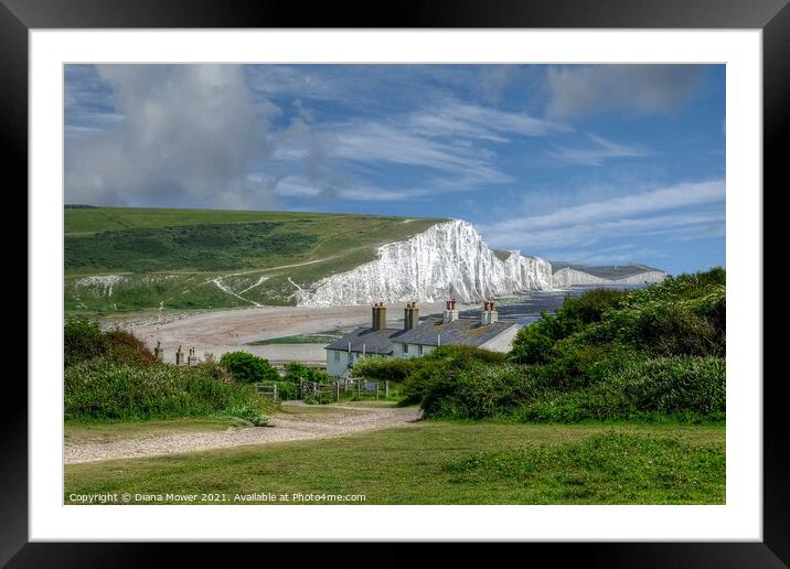 Seven Sisters and Cuckmere Haven beach. Framed Mounted Print by Diana Mower