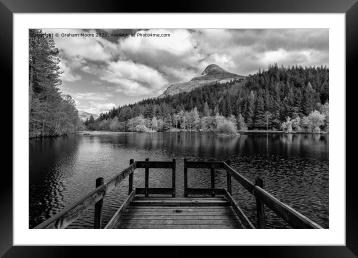 Glencoe Lochan jetty monochrome Framed Mounted Print by Graham Moore