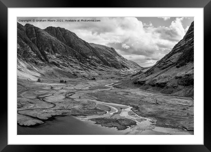 Glencoe looking east monochrome Framed Mounted Print by Graham Moore