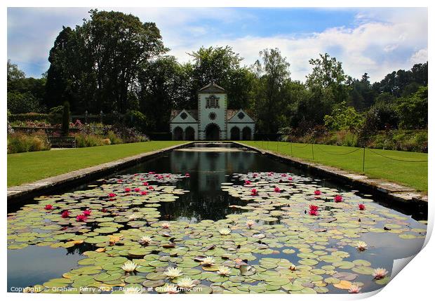 Serene Lily Pond at Bodnant Gardens Print by Graham Parry