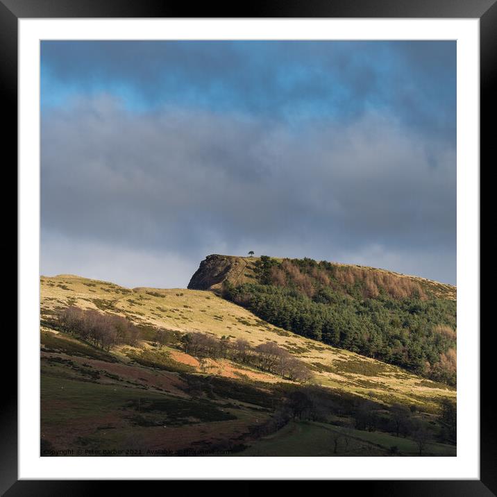 Back Tor Scots Pine picked out in the sunlight between the cloud Framed Mounted Print by Peter Barber