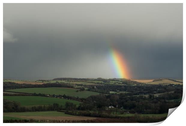 A rainbow over fields in the hampshire countryside Print by Peter Barber