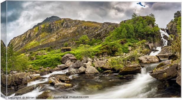Ogwen Waterfall And Pen yr Ole Wen Mountain  Canvas Print by Adrian Evans