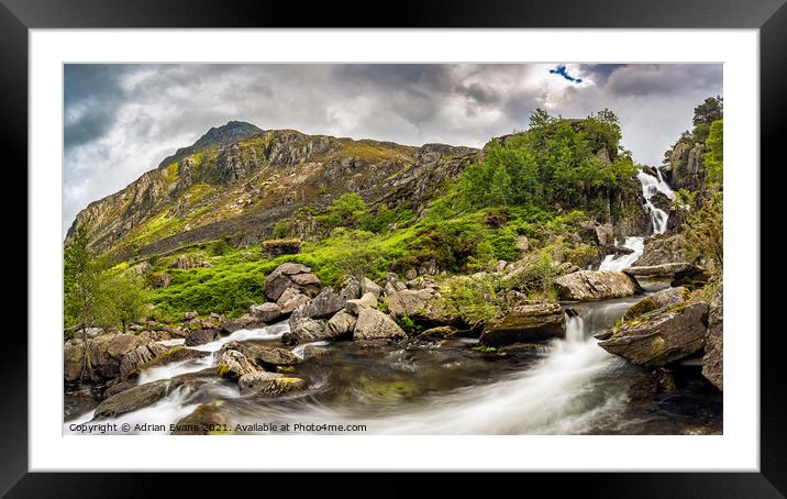 Ogwen Waterfall And Pen yr Ole Wen Mountain  Framed Mounted Print by Adrian Evans