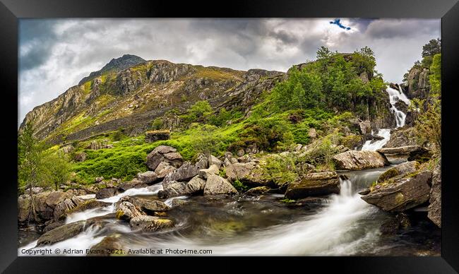 Ogwen Waterfall And Pen yr Ole Wen Mountain  Framed Print by Adrian Evans