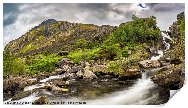 Ogwen Waterfall And Pen yr Ole Wen Mountain  Print by Adrian Evans
