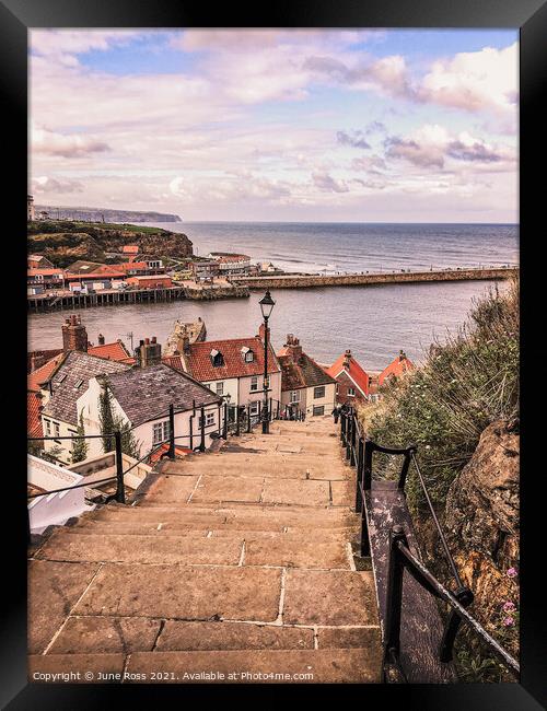 199 Whitby Steps, North Yorkshire Framed Print by June Ross