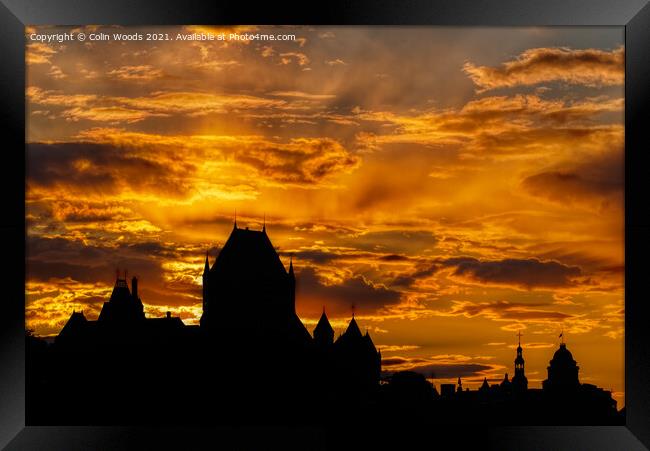 The Chateau Frontenac silhouetted against the sunset Framed Print by Colin Woods