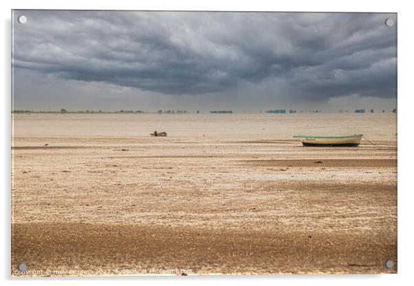 Norfolk coast with storm in the back over the sea boats moored on the sandy beach  Acrylic by Holly Burgess