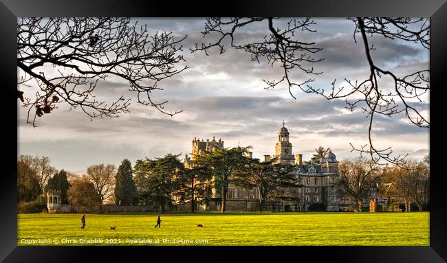 Thoresby Hall in the last light of the day Framed Print by Chris Drabble