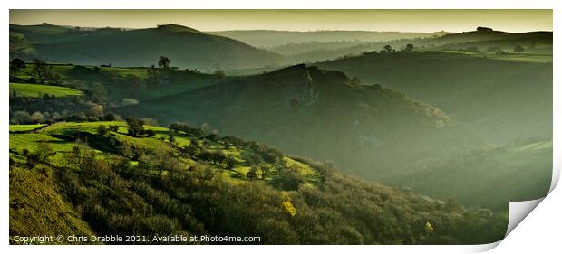 Thor's Cave from Wetton Hill in low winter light Print by Chris Drabble