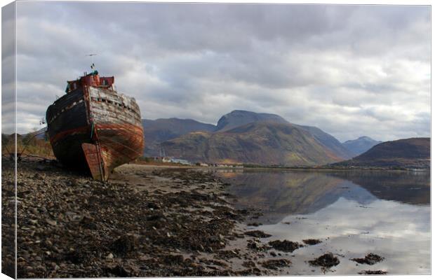 OLD BOAT OF CAOL AND BEN NEVIS ON SHORE OF LOCH EIL, SCOTLAND Canvas Print by SIMON STAPLEY