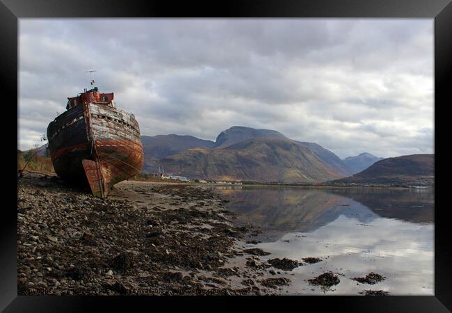 OLD BOAT OF CAOL AND BEN NEVIS ON SHORE OF LOCH EIL, SCOTLAND Framed Print by SIMON STAPLEY