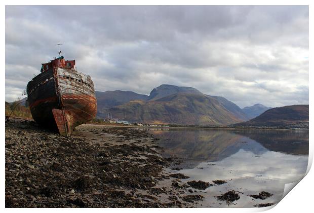 OLD BOAT OF CAOL AND BEN NEVIS ON SHORE OF LOCH EIL, SCOTLAND Print by SIMON STAPLEY