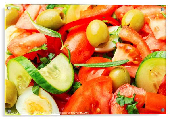 Salad with vegetables, olives, eggs and rosemary Acrylic by Mykola Lunov Mykola