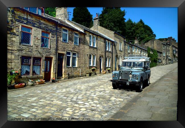 Haworth Main Street Landrover Framed Print by Alison Chambers