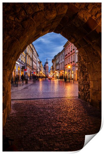 Florianska Gate and Street in Krakow at Dusk Print by Artur Bogacki
