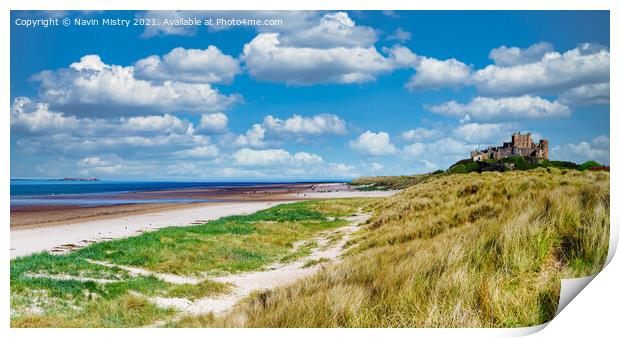 Bamburgh Castle and Sand Dunes Print by Navin Mistry