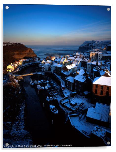 Snow Covered Rooftops at Staithes Acrylic by Mark Sunderland