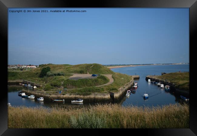 Seaton Sluice harbour under a blue sky Framed Print by Jim Jones