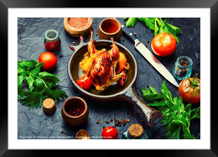 Quail roasted in tomatoes Framed Mounted Print by Mykola Lunov Mykola