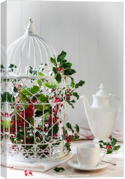Holly & Berries Birdcage Canvas Print by Amanda Elwell