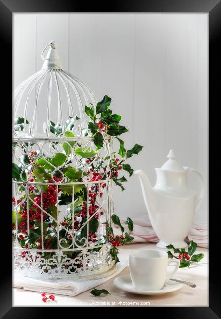 Holly & Berries Birdcage Framed Print by Amanda Elwell