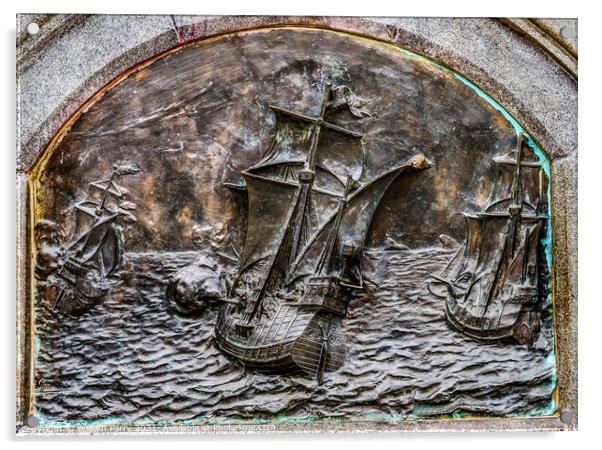 Bronze Ships Caravels Ferdinand Magellan Monument Punta Arenas C Acrylic by William Perry