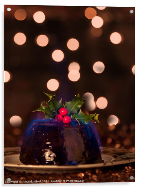 Flaming Christmas Pudding Acrylic by Amanda Elwell