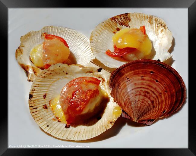 Succulent Grilled Scallops in their shells.   Framed Print by Geoff Childs