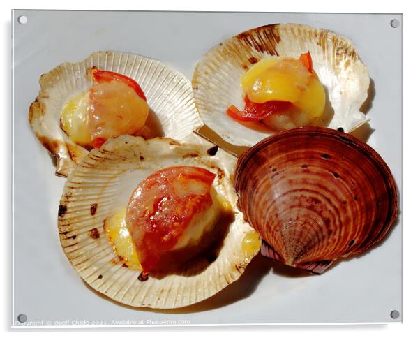 Succulent Grilled Scallops in their shells.   Acrylic by Geoff Childs