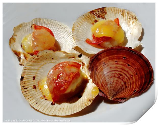 Succulent Grilled Scallops in their shells.   Print by Geoff Childs