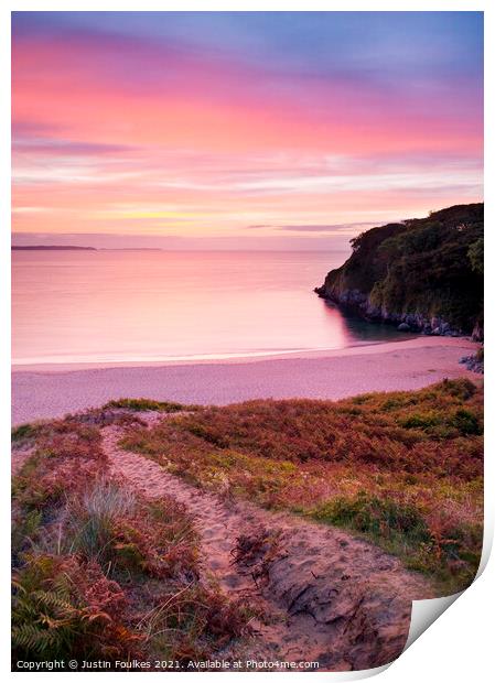 Sunrise over Barafundle Bay, Pembrokeshire, Wales Print by Justin Foulkes
