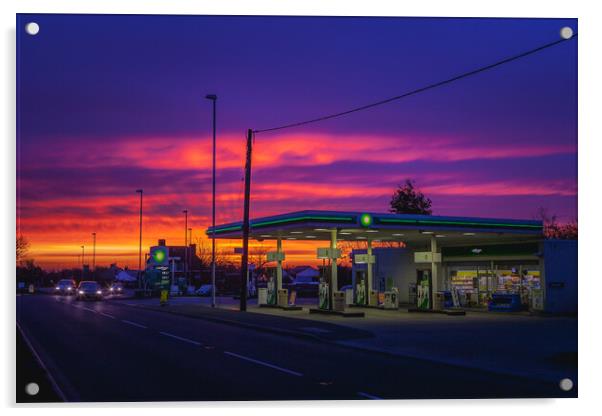 Petrol station sunrise. Acrylic by Bill Allsopp